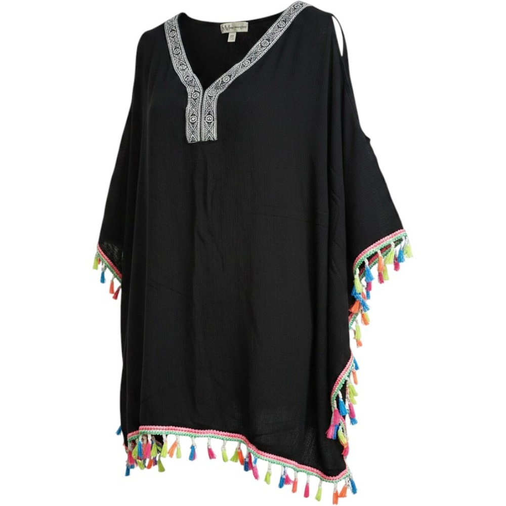 Neiman Marcus Womens Black Gauze Tassel Trim Cold Shoulder Top Poncho Cover Up L